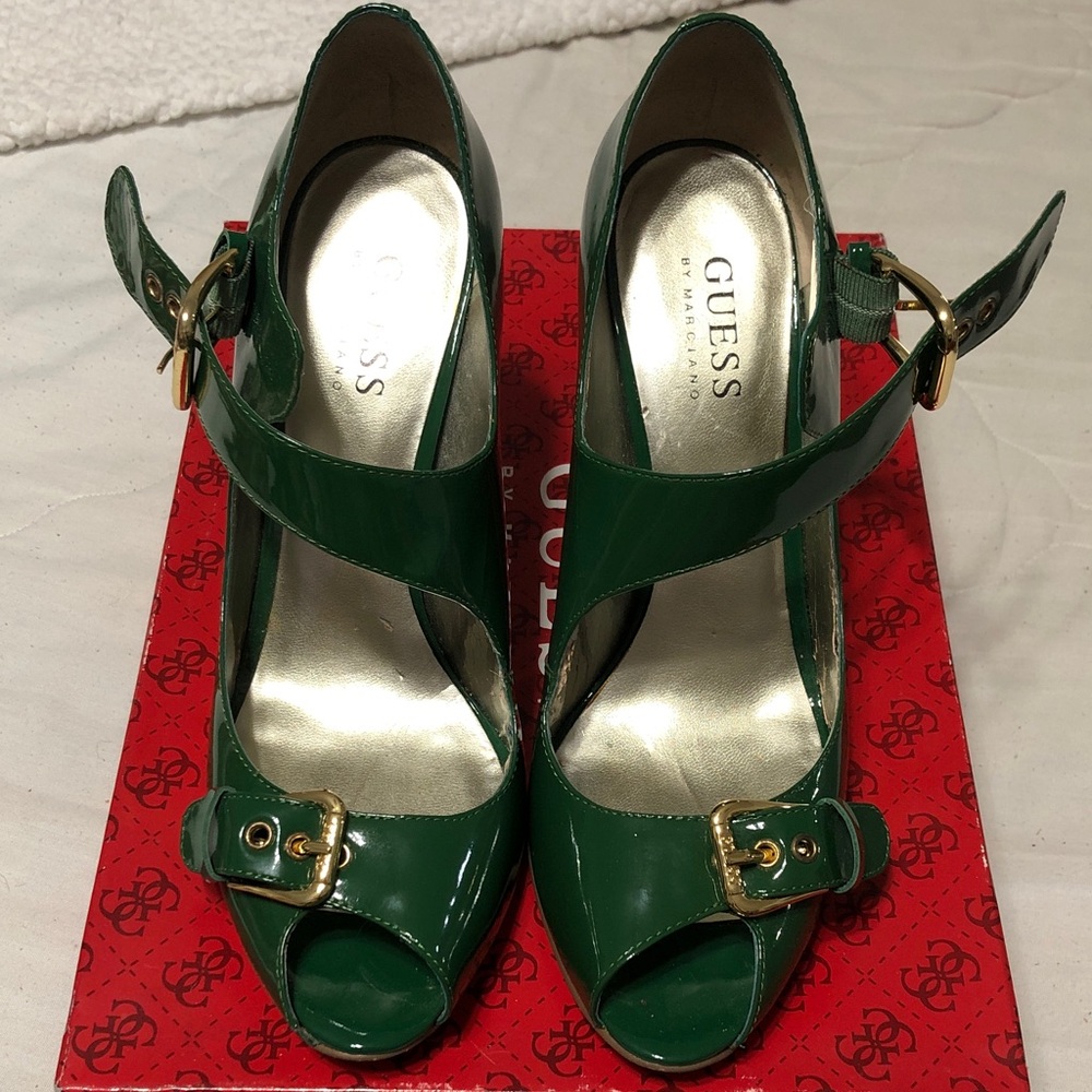 Guess by Marciano Emerald Green Patent Leather Peep-Toe Heels with Gold Buckles